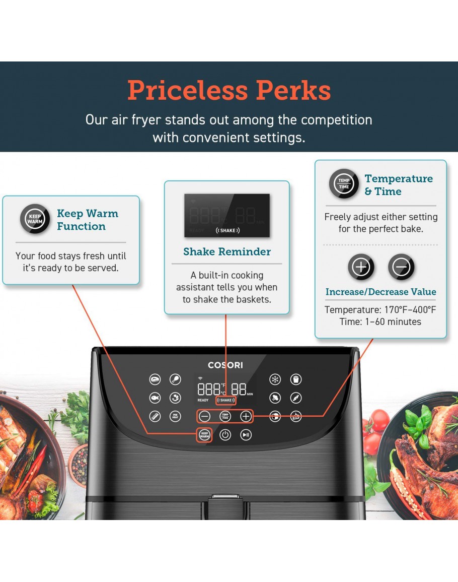 COSORI Smart WiFi Air Fryer 5.8QT(100 Recipes), 1700-Watt Programmable Base  for Air Frying